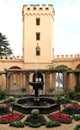 Garden, tower and fountain at a castle in Germay