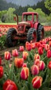 Red garden Tractor on tulip field. Vertical banner Royalty Free Stock Photo