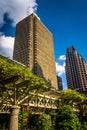 Garden trellis and buildings seen at Norman B. Leventhal Park in Royalty Free Stock Photo