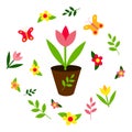 Garden tulips. Spring set: butterflies, flowers, plants. Lettering Hello Spring. Flat design