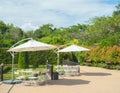 Garden umbrella outdoor with table and chairs in garden Royalty Free Stock Photo