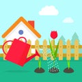 Garden vector illustration, cartoon village with house Royalty Free Stock Photo