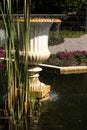 Garden water fountain in pond with reeds Royalty Free Stock Photo