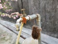 Garden water tap faucets and coconut husk brush Royalty Free Stock Photo