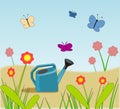 Garden Watering Can, Butterflies and Flowers Royalty Free Stock Photo
