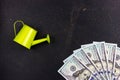 A garden watering can pours out dollar bills. Investing money. Capital growth. Metaphor.