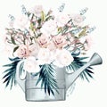 Garden watering can with white roses and palm leaves fashion vector illustration in vintage watercolor style Royalty Free Stock Photo