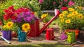 Garden watering cans, color in flowerpots summer garden environment colorful