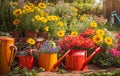 Garden watering cans, color in flowerpots the summer garden