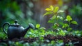 garden watering In fertile soil with new fresh green plant. Royalty Free Stock Photo