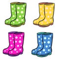 Garden Wellington Boots Cartoon Illustration Wellies in Yellow Pink Blue and Green with Spots