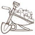 Garden Wheelbarrow with apples and shovel. Farming. Agricultural business. Outline drawing for coloring