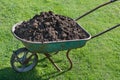 Garden-wheelbarrow filled with soil on a farm.