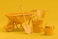 Garden wheelbarrow with garden tools like shovel, rake and fork on monochrome