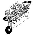 garden wheelbarrow with tulips in black and white by doodle style