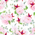 Garden wild rose, hydrangea, peony, fuchsia seamless vector pattern