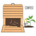 Garden wood composting bin. Garden fertilizer organic with worms. Recycling organic waste. Sustainable living concept Royalty Free Stock Photo