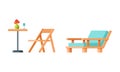 Garden Wooden Table and Deck Chair for Barbecue and Picnic Vector Set