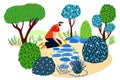 Garden work concept, vector illustration, man character make flowerbed design, hobby with natural plant landscape