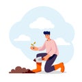 Garden work, man planting tree with a garden shovel. Cute flat vector illustration Royalty Free Stock Photo