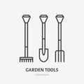 Garden work tools flat line icon. Shovel, rake and pitchfork sign. Thin linear logo for gardening, agriculture