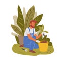 Garden worker cultivating potted plants in garden. Man working in backyard. Handyman in uniform. Colored flat cartoon Royalty Free Stock Photo