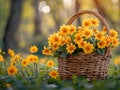 In the garden with yellow flowers there is a basket with yellow flowers on the background of blurred trees on the Royalty Free Stock Photo
