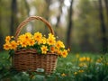 In the garden with yellow flowers there is a basket with yellow flowers on the background of blurred trees on the Royalty Free Stock Photo