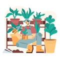 Flat illustration a man grows and taking care houseplants Royalty Free Stock Photo