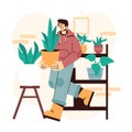 Flat illustration of a man taking care of ornamental plants Royalty Free Stock Photo