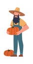 Gardener. Agricultural worker with harvest, farmer man with beard in hat holding pumpkin, healthy eco food producing