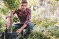 Gardener in apron planting tree while working in garden Royalty Free Stock Photo