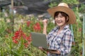 The gardener arranged the orchid garden by holding the notebook and holding the right hand. To express joy and increase sales Royalty Free Stock Photo