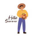 Gardener with a basket of summer garden fruits. Hello, summer. Flat postcard, print on a white background