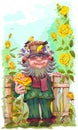 Gardener brownie gnome leprechaun stand near fence and hold yellow rose flower