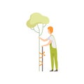 Gardener caring for a tree in the garden, people working in the garden vector Illustration