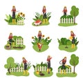 Gardener. Cartoon woman mows lawn. Character cuts green trees or bushes. Gardener planting and watering seedlings