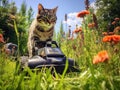 Garden Meadow Lawn Cutting, a Worker Mows Grass, Plant Cut, Garden Care, Generative AI Illustration Royalty Free Stock Photo