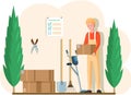 Gardener character in flat design in garage with tools. Gardening, planting flowers and plants Royalty Free Stock Photo