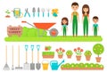 Gardener characters, garden tools. Vector flat illustration Royalty Free Stock Photo