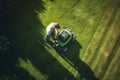 Gardener cutting grass lawn with electric cordless mower. Man trimming grass with lawn mower on sunny weather. Generative AI