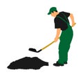 Gardener digging the earth illustration. Dirty spade with ground. Man working in garden. Construction worker with spade.