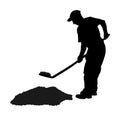 Gardener digging the earth silhouette illustration. Dirty spade with ground. Man working in garden. Construction worker.