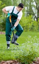 Gardener digging with shovel