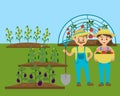 Gardener family, rural garden with eco vegetables vector illustration. Gardening cartoon characters of man and woman