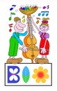 The gardener farmer and his wife sing a song with colorful musical notes in unison on the pedestal