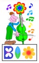 The gardener farmer sings a bio-colored melody on a double bass on the pedestal