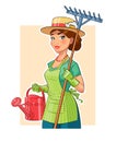 Gardener girl with rake and watering can