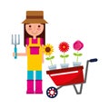 gardener girl with wheelbarrow flowers