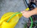 Gardener with a green garden hose is pouring water in yellow watering bucket. Garden yellow water can for watering flowers. Royalty Free Stock Photo